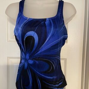 LONGITUDE  VINTAGE  tummy control blue floral swirl swimsuit ,size 10